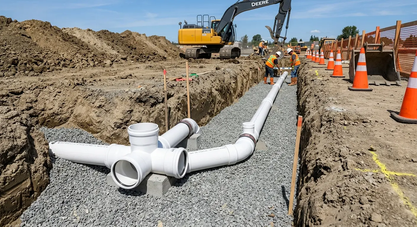 New PVC sewer pipe installation in open trench for Commercial Drain Cleaning in Bellmead