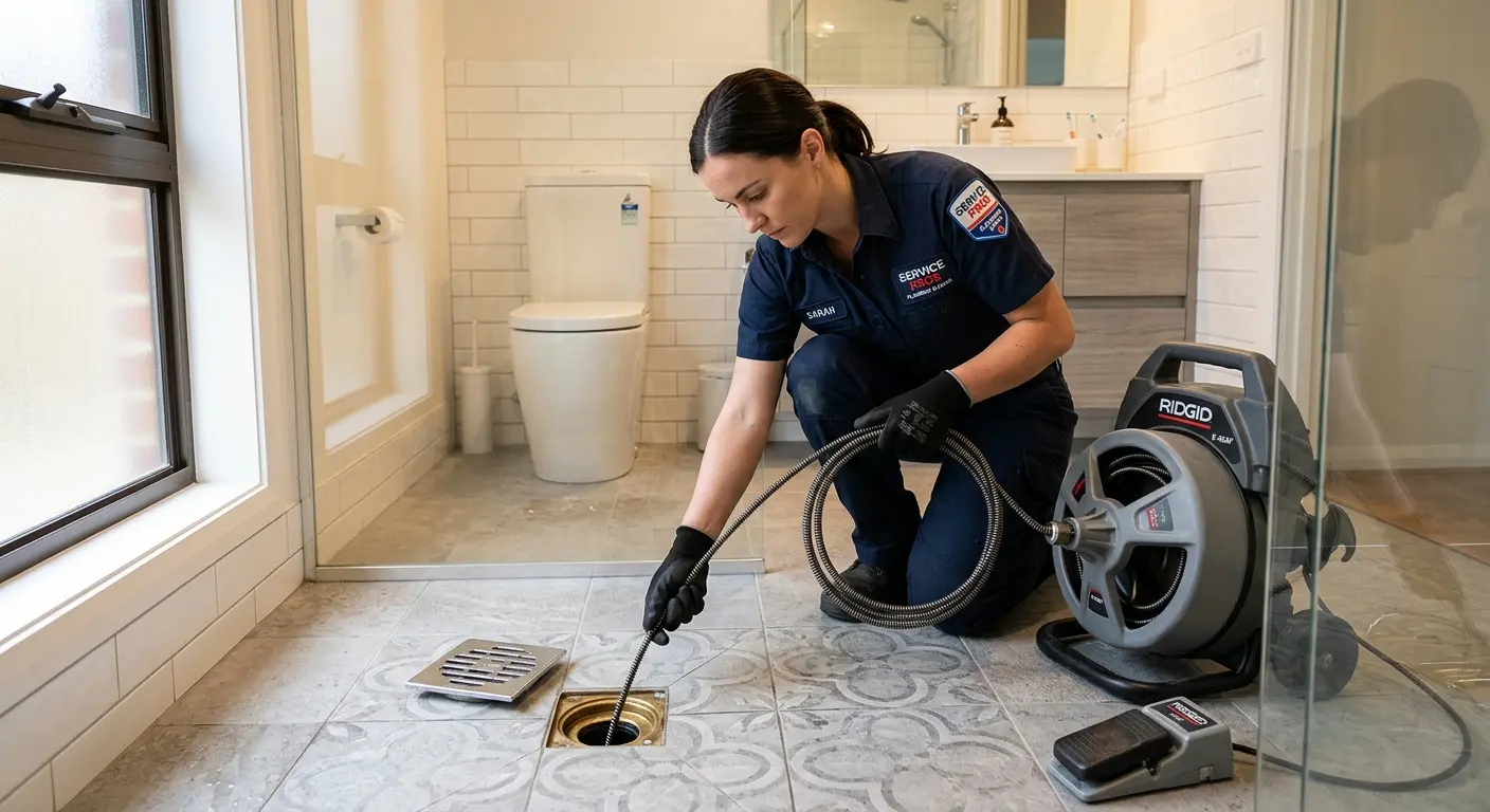 Technician clearing a bathroom floor drain for Clogged Drain Repair in Bellmead